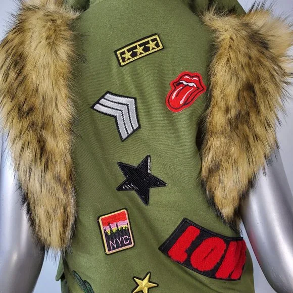 NWOT~$545~KINGSTAR~S/M~ARMY GREEN HOODED FAUX FOX RACCOON FUR PATCHES VEST COAT